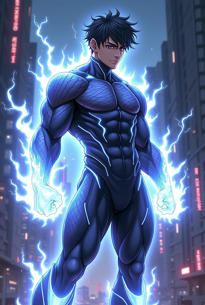 Beast powersuit anime young man with athletic build and strong biceps and veins and with strong power of white flames and black lightning 