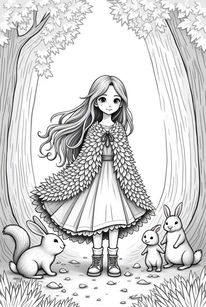 An illustration of Verelia, the guardian of the forest, designed as a simple black-and-white line drawing suitable for children to color. Verelia is a young girl with long, flowing hair that resembles leaves, and she wears a cloak made of foliage. She stands in a forest clearing surrounded by tall trees and friendly animals like rabbits and squirrels. The image should have clear, defined outlines with no shading, allowing space for children to fill in with color