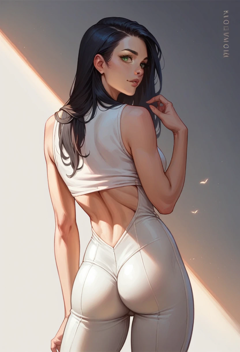 Black hair girl, green eyes, beautiful, cute clothes, fit, rear view looking back, realistic fantasy ,concept art, Sexy