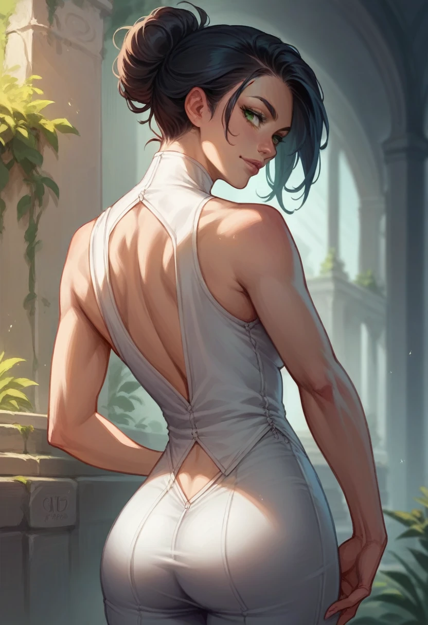 Black hair girl, green eyes, beautiful, cute clothes, fit, rear view looking back, realistic fantasy ,concept art, Sexy