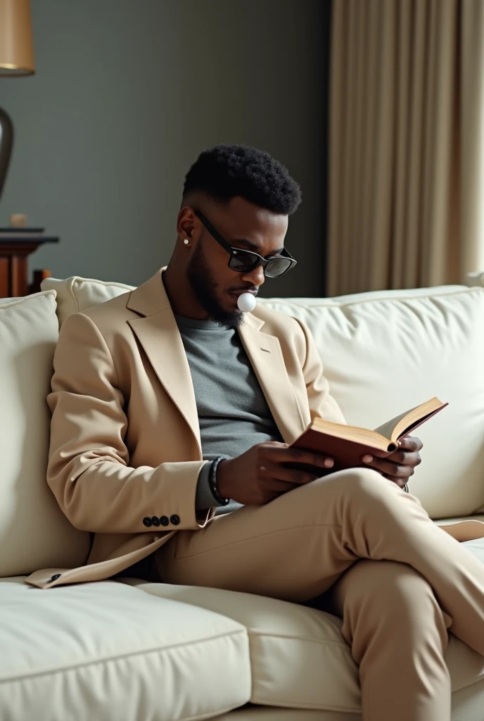 best qualityer:1.4), (ultra high resolution:1.2), (photorrealistic:1.4), (8k, CRU photo:1.2), a thin young man of 20 years old, skin black, with a smooth, beardless face, with short hair, with shaved sides and a low top, he is wearing a gray shirt and a long beige coat. He is wearing beige pants and a belt.. He is wearing dark sunglasses. It&#39;s making a bubble gum bubble. is reading a book . He is sitting on the white sofa 