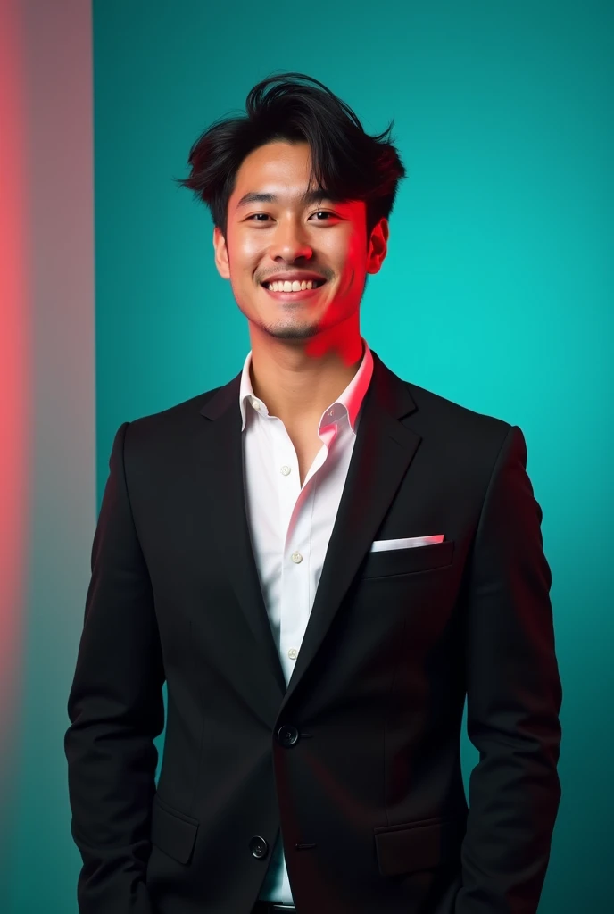 A young man with dark hair and a confident smile. He is dressed in a black blazer over a white shirt. The man is positioned against aqua colour backdrop with a subtle red lighting on the left side. and he posing for Linkedin profile