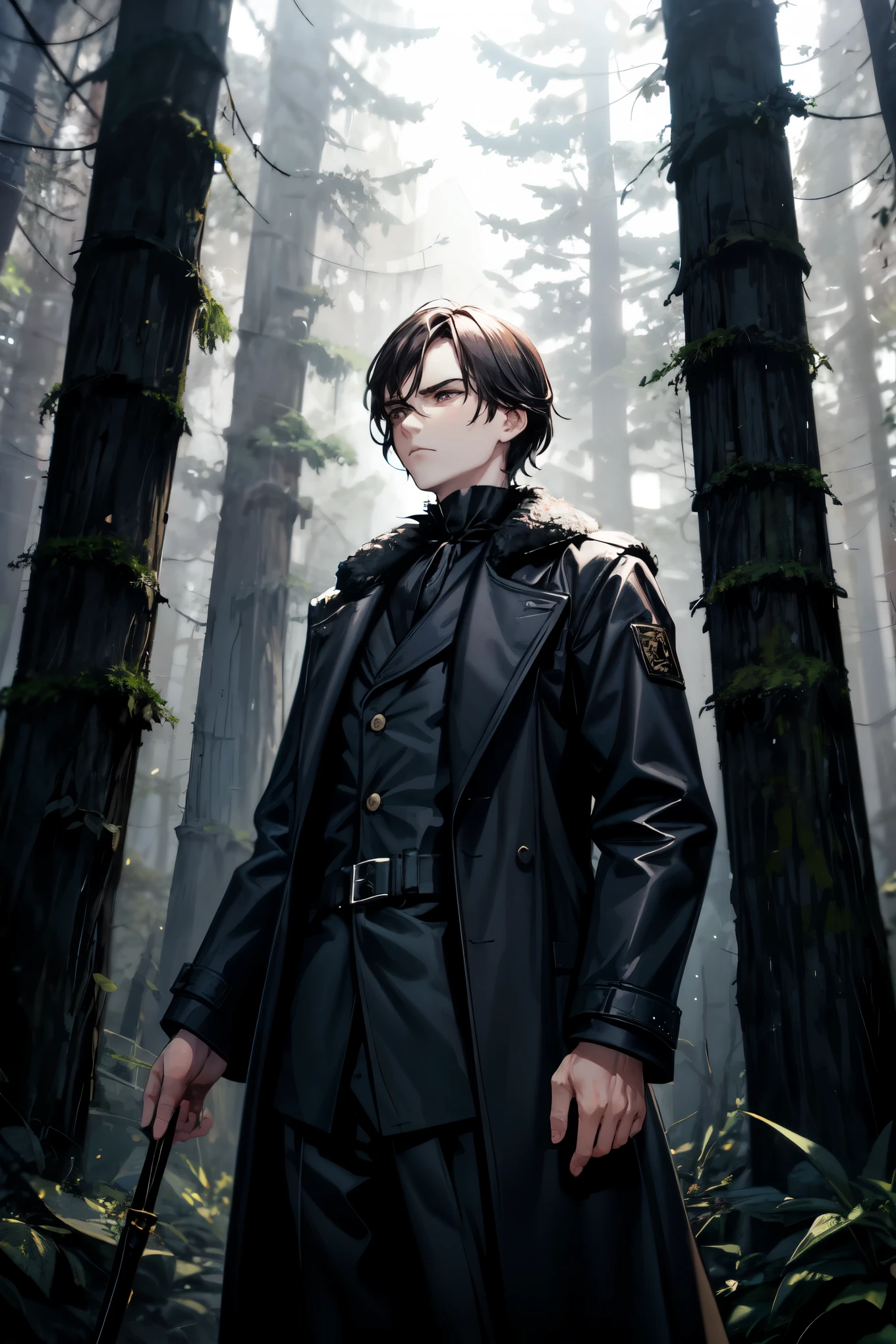 badass,young Dostoevsky with melancholy expression, long coat, standing in a dark forest
