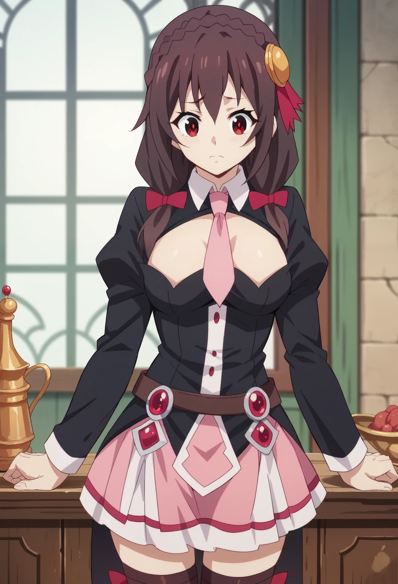 yunyun, crown braid, hair ornament, hair bow
pink necktie, long sleeves, pink skirt, thighhighs, cleavage