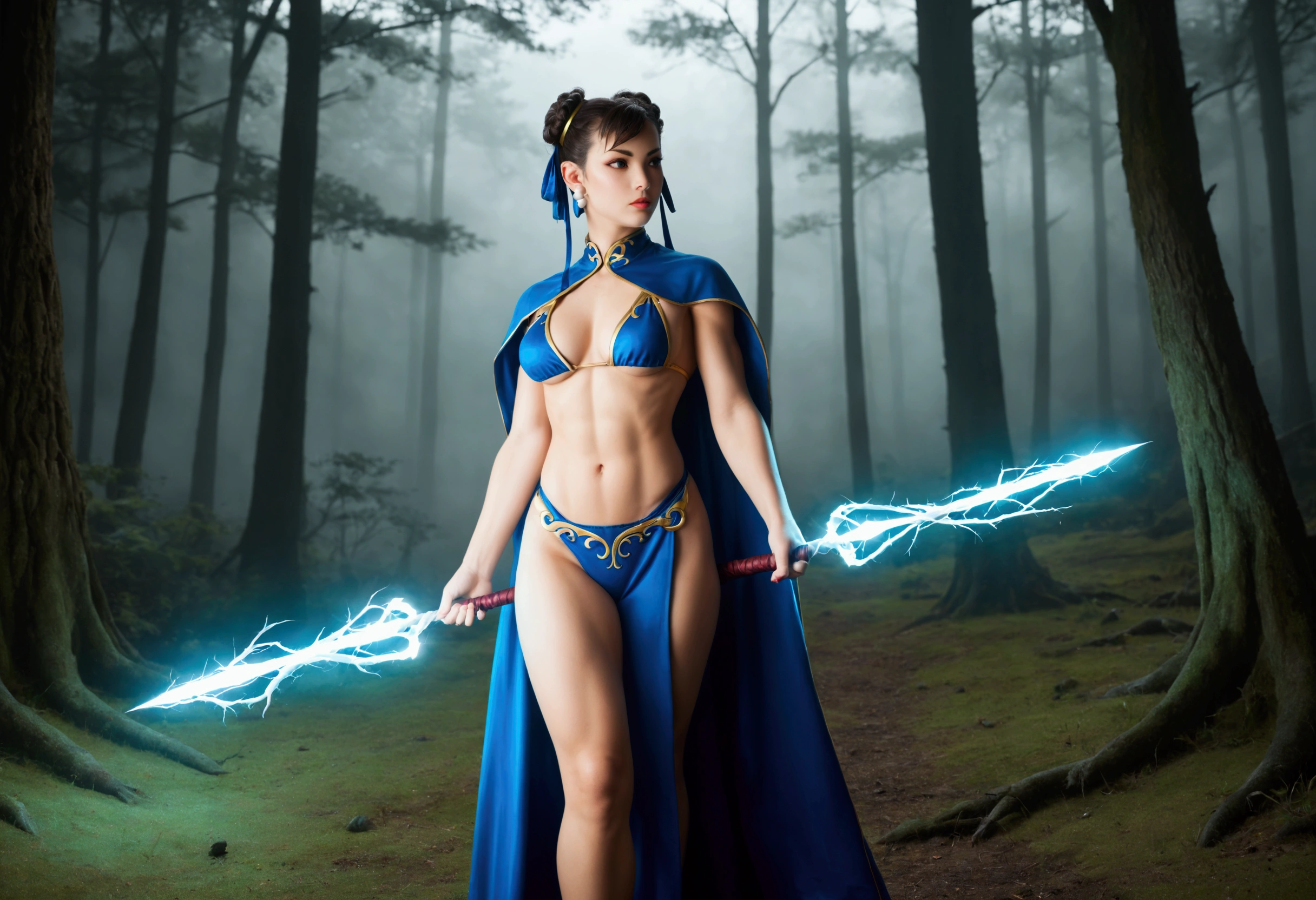 An elf mage in the guise of Chun-Li, in a dark and gloomy forest. She wears her traditional bun and braid hairstyle, with a flowing cape and a bikini with mystical symbols. Ribbons of magical energy wrap around her arms as she casts a powerful spell. The atmosphere is filled with deep shadows and twisted branches. The image has an epic fantasy style, with bright colors and magical effects, highlighting the majesty and grandeur of the scene.