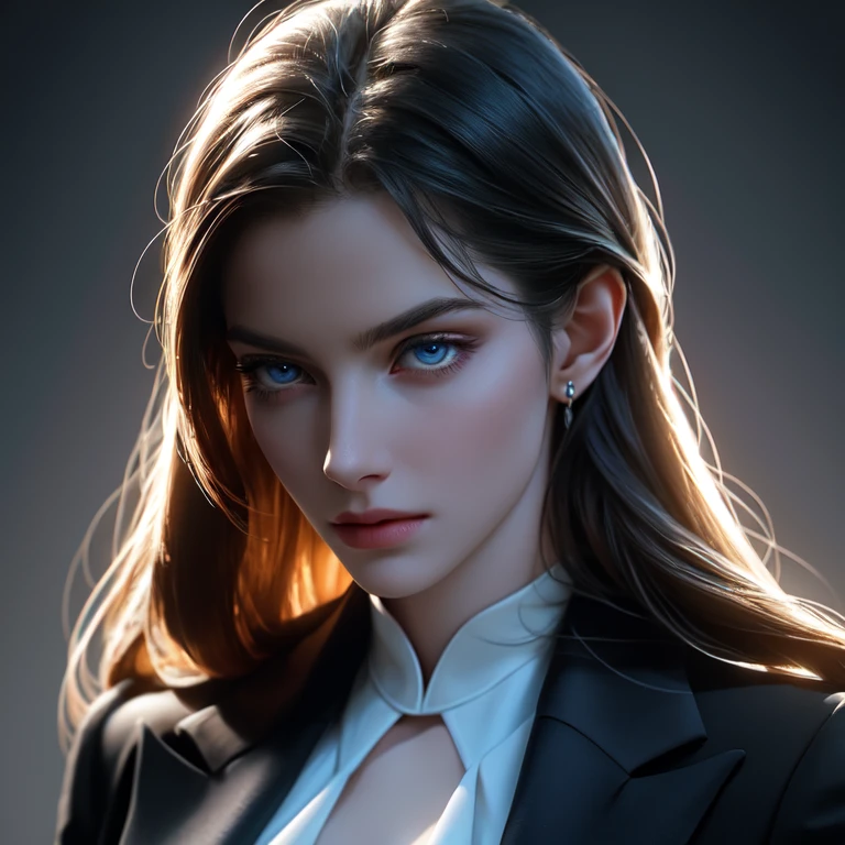 A tall, athletic woman with deep blue eyes, pale skin, and thick black hair, elegantly dressed in impeccable tailored suits, 1.85 meters in height, (best quality,4k,8k,highres,masterpiece:1.2),ultra-detailed,(realistic,photorealistic,photo-realistic:1.37),HDR,UHD,studio lighting,ultra-fine painting,sharp focus,physically-based rendering,extreme detail description,professional,vivid colors,bokeh,portraiture