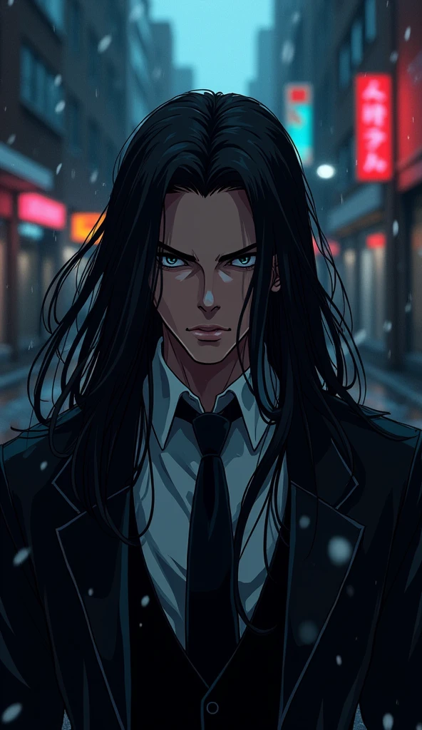 A mafia man, Long hair，Asian men, detailed face, anime style, focus on face, HD, 8k 