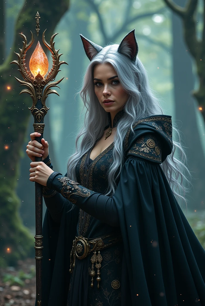 a female character with cat ears (gris), with the appearance of a serious and powerful magician 