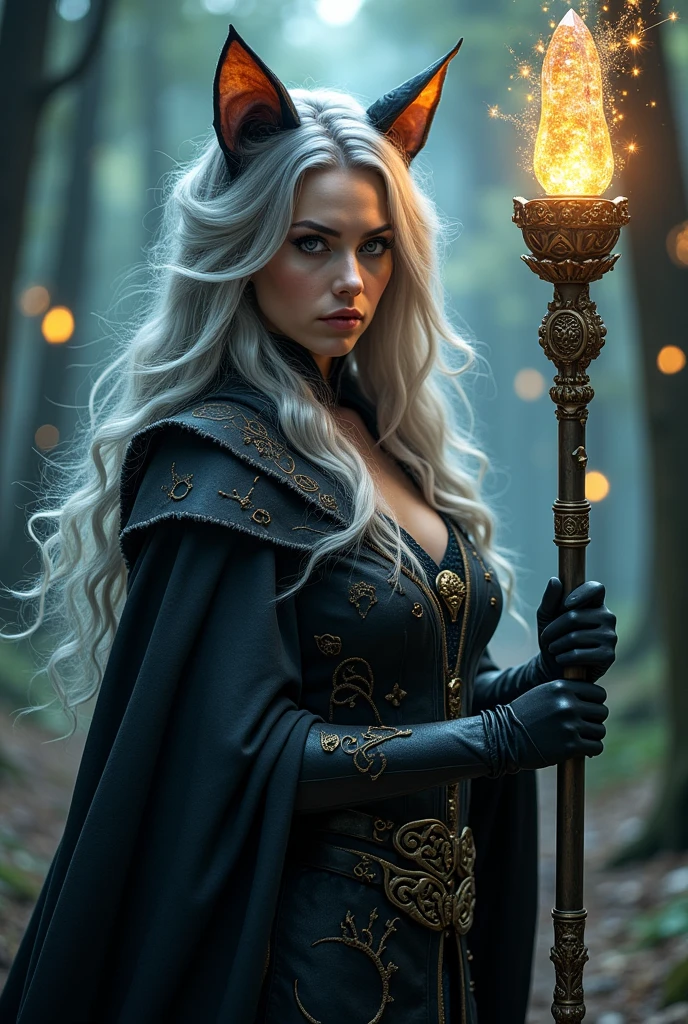 a female character with cat ears (gris), with the appearance of a serious and powerful magician