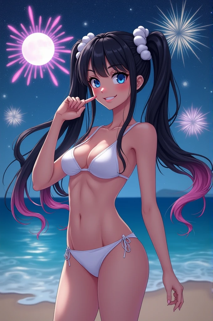 、moon、Starry Sky、firework、Ocean、Sandy Beach、(Realistic Shadows)straight-on、breast focus、Twin tails、White scrunchie、Long Hair、(colored inner hair　black hair + pink inner hair)、Blue eyes、、medium breasts、stylish pose、smile、A good wink(Drunk:1.2)head tiltskinny　、slim wais、 White micro bikini
