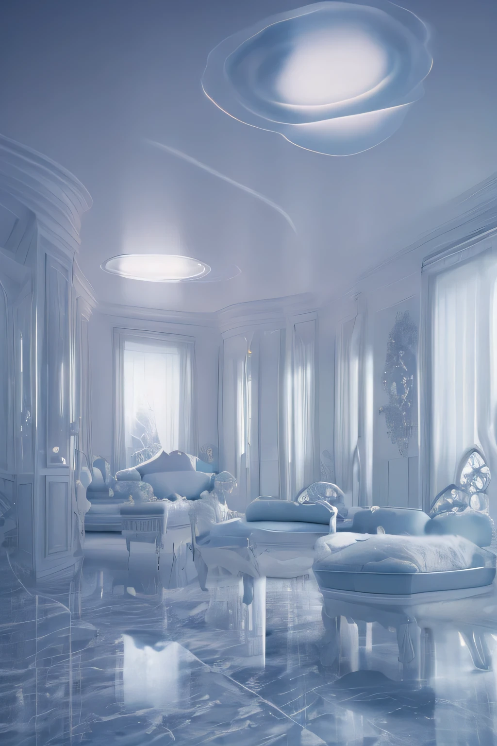 a white dreamy house, piano room, retro, foggy, soft focus, year of 1995, cool lighting, muted pastel colors, glowing atmosphere, dramatic shadows, cinematic composition, dream-like quality, ethereal, romantic, soft focus photography, dark blue hour, midnight, windy, white marble, peony flower