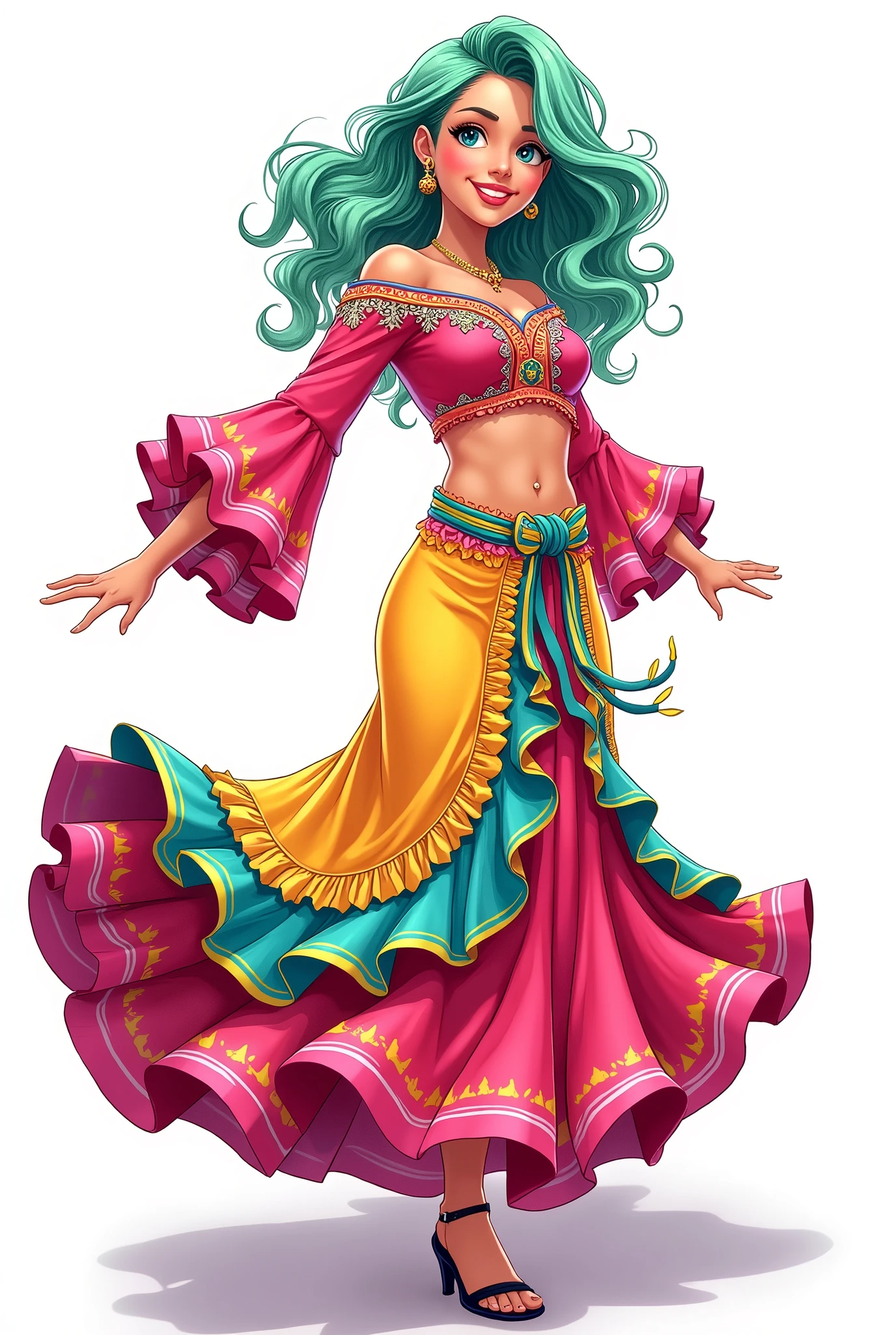 Create an anime-style illustration of a Mexican woman cosplaying as a Mexican regional dancer, with her entire body fully visible within the frame. She should have medium-length hair styled in soft curls, colored in a bright mint green. Dress her in a vibrant outfit with bold pink, sunny yellow, and rich turquoise, featuring a playful design with a fitted top and a skirt with colorful patterns. Her expression should be relaxed and happy, highlighting the detailed elements of her cosplay. The background should be completely white, with no scenery or landscape, only a plain white background.