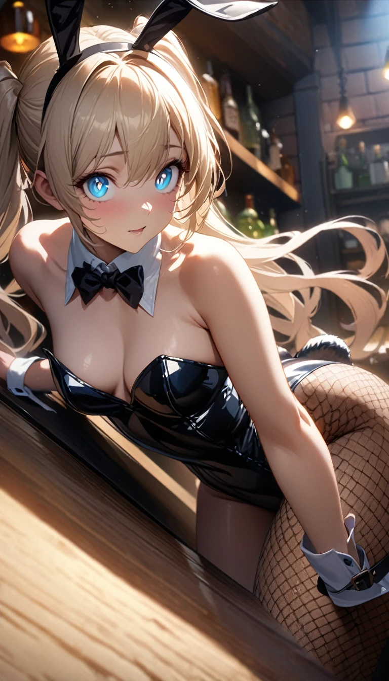 (Highly detailed CG、Unity、8k wallpaper)、(Very delicate and beautiful)、(masterpiece)、(Highest quality:1.0)、(超High resolution:1.0)、Beautiful lighting、Perfect Lightning、Realistic Shadows、[High resolution]、Detailed skin、Ultra-detailed、Detailed face and eyes、Realistic eyes、Sharp pupils、High Angle、bar counter、over the counter:1.4)、Glowing Skin, 20 year old beauty、Beautiful wavy golden hair、 Twin tails、blue eyes、Beautiful Face、Blurred Background、Playboy Bunny Girl、High cut leotard、A bow tie、cuffs、Wearing fishnet stockings、Black rabbit ears、Rabbit&#39;s tail grows、Have a drink、Mischievous Smile、curve、From behind, rtrophto1