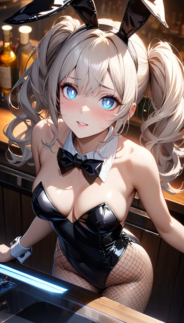 (Highly detailed CG、Unity、8k wallpaper)、(Very delicate and beautiful)、(masterpiece)、(Highest quality:1.0)、(超High resolution:1.0)、Beautiful lighting、Perfect Lightning、Realistic Shadows、[High resolution]、Detailed skin、Ultra-detailed、Detailed face and eyes、Realistic eyes、Sharp pupils、High Angle、bar counter、over the counter:1.4)、Glowing Skin, 20 year old beauty、Beautiful wavy golden hair、 Twin tails、blue eyes、Beautiful Face、Blurred Background、Playboy Bunny Girl、High cut leotard、A bow tie、cuffs、Wearing fishnet stockings、Black rabbit ears、Rabbit&#39;s tail grows、Have a drink、Mischievous Smile、curve、From behind, rtrophto1