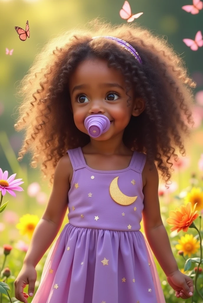 a 4 year old, of long curly hair, wearing a lilac pacifier and a lilac dress with a moon design, Your skin is mulatto.Long curly hair