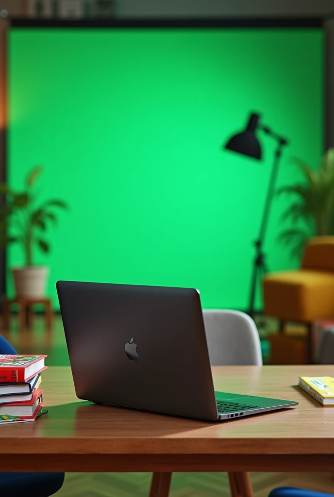 YouTube studio setup in a room. Show the back side of laptop in to the screen A laptop on the table and the books one by one. The back side of studio covered with greenscreen.