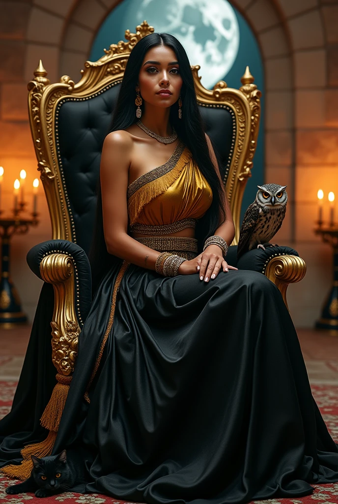 Woman with black hair that is straight at the roots and wavy at the ends, Brazilian colonial style clothing, black voluminous skirt with gold trim and gold fringes and a gold blouse covering just one shoulder, golden earrings, golden bracelets, sitting on a black throne with well-adorned gold, an owl perched beside, a black cat sleeping at your feet in a medieval style room, with candelabras and lit candles, a window in the background showing a night with mysterious moonlight