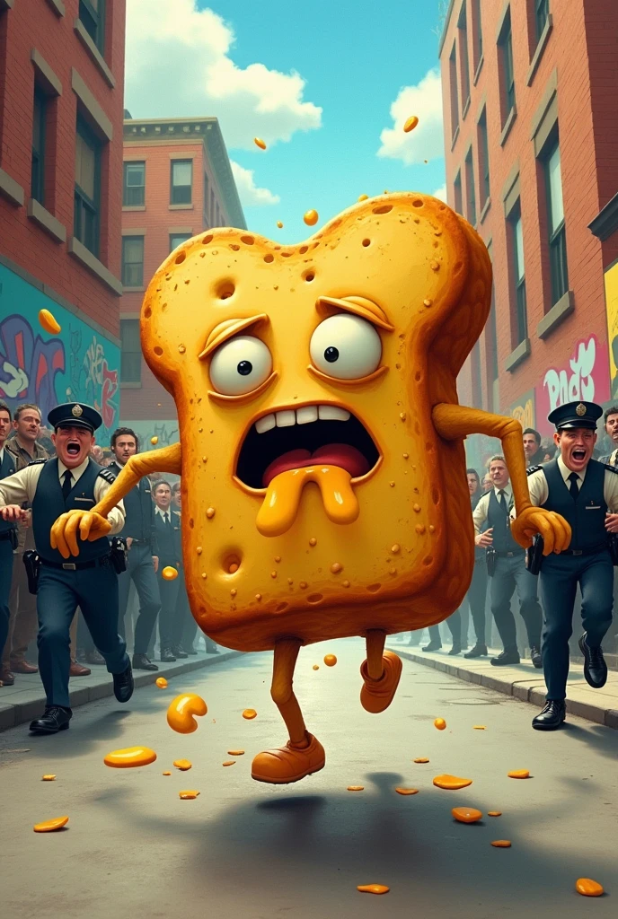 Makes an image of a humanoid cheese bread running away from the police after stealing testicles