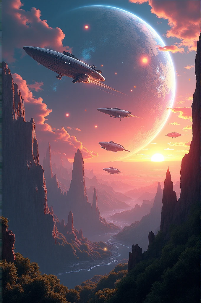 Create a future Earth's atmosphere with a lot of alien space ship