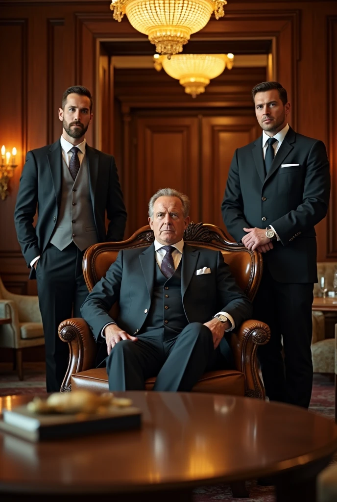 A rich man sitting in a chair and a doorman and manager stand up in front of rich man
