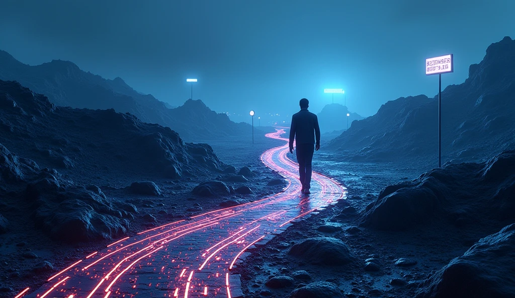 A winding path in a digital landscape, The path is paved with circuits and codes, representing the digital infrastructure where the user (represented as a human figure) walk guided by signs and plaques, the poster has a modern and serious design, with shades of blue and gray, and graphic elements that highlight the seriousness and importance of the topic. The signs and signals are clear and direct, with strong typography, getting the message across unequivocally.