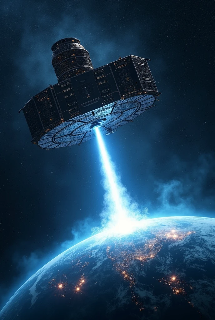 A satellite firing a super laser beam at Earth