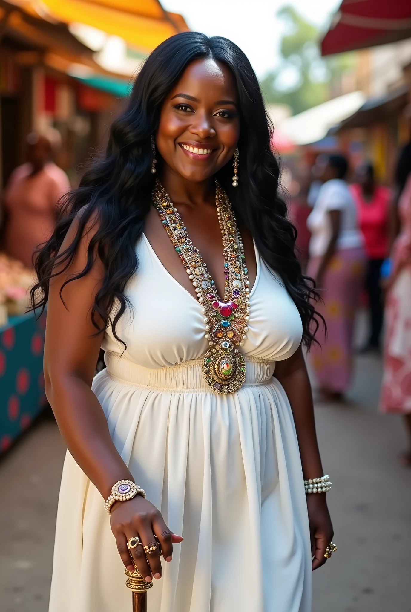 A short, fat black lady with long black hair, wearing loose white clothes with jewelry and a cane and lots of rings and red nails and pearl earrings. 