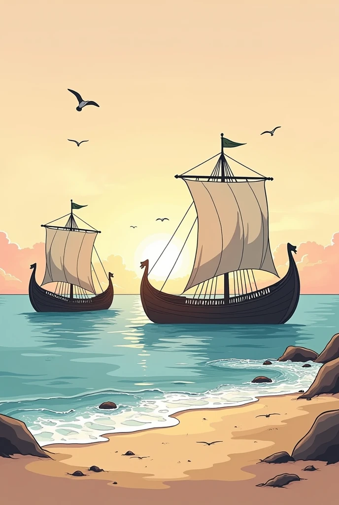 a beach with sunk ancient greek ships in the sea and others sunk on the beach. only black outlines. cartoon freehand style.