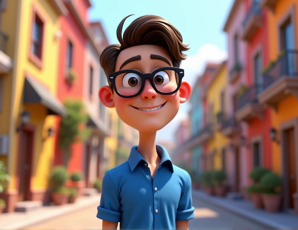 Cartoon character of a man in black glasses and blue shirt, animation character, stylized character, animation style rendering, 3d stylized, Arnold Maya rendering, Stylized 3D rendering, toon render screenshot, 3d character, 3d character, Stylized 3D rendering, 3D character rendering, cartoon character, Personagem de close up, character posing, (Pixar-style) (master part:1.2) (bokeh) (best qualityer) (skin detailed) (detailed texture) (8k) (Argilla) (cinematic lighting) (sharp focus