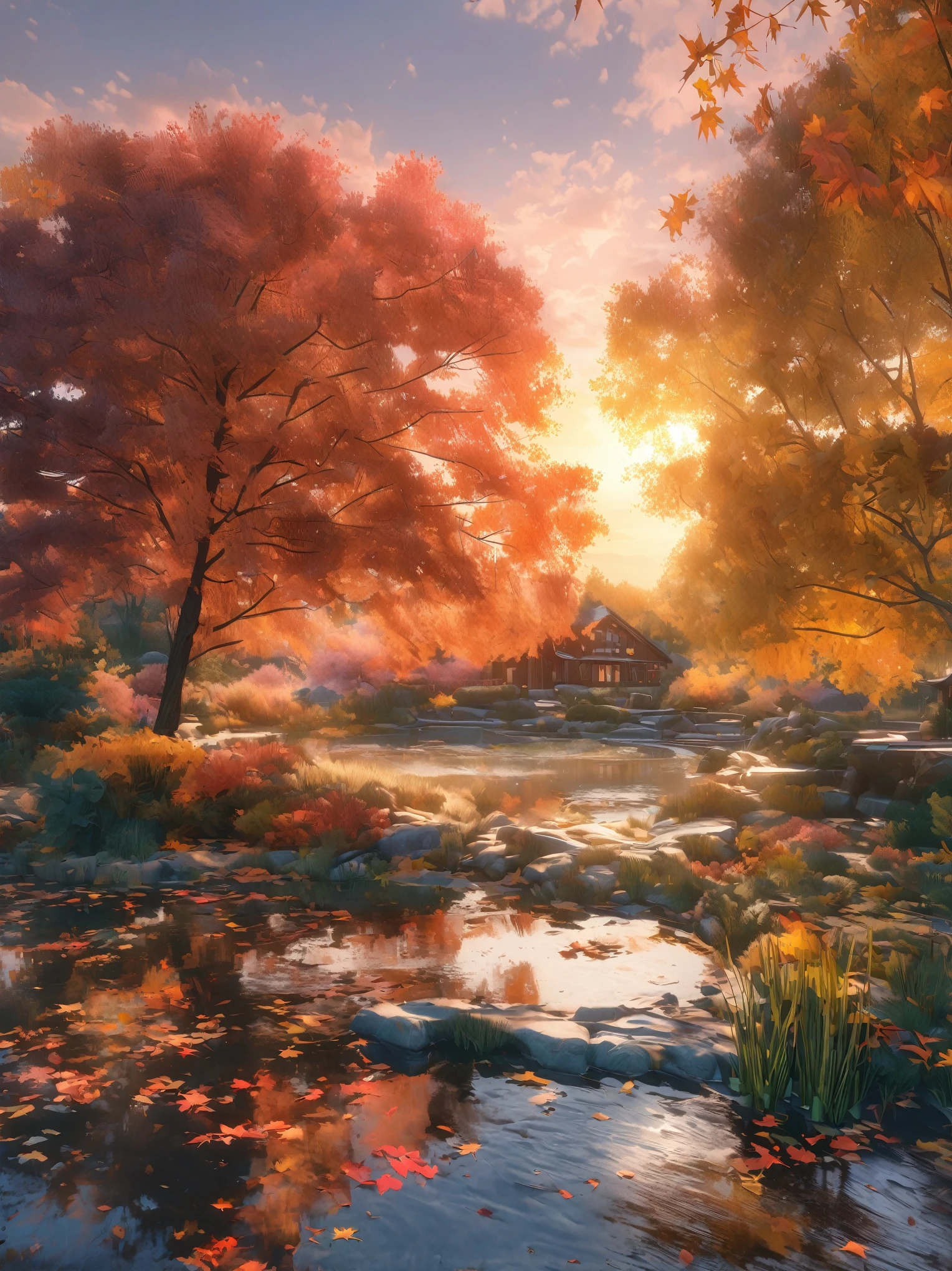 DIY16，best quality, Ultra HD, masterpieces, 8K, Practical, Anime style, 3D Rendering，(Pond in the evening:1.2), (8K, best quality, masterpiece:1.2), (Ultra-high resolution:1.0), Extremely bright design, Soft colors, (ink:1.3), Autumn Lights, High Detail, dramatic, photoPractical painting art
