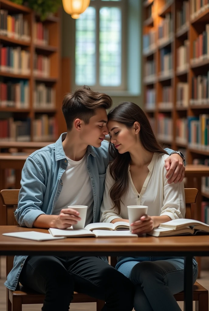 Anime scene: couple is in a library for studying, they are sitting on a table facing each other, there are book selfs beside them, the boy is wearing white t sshirt and light blue shirt with black pant also has a watch, the girl is wearing a white top and blue jeans, the girl is fall asleep and the boy is adorably looking at her , there are books and 2 coffe mugs on their table, focus the couple make it more beautiful 