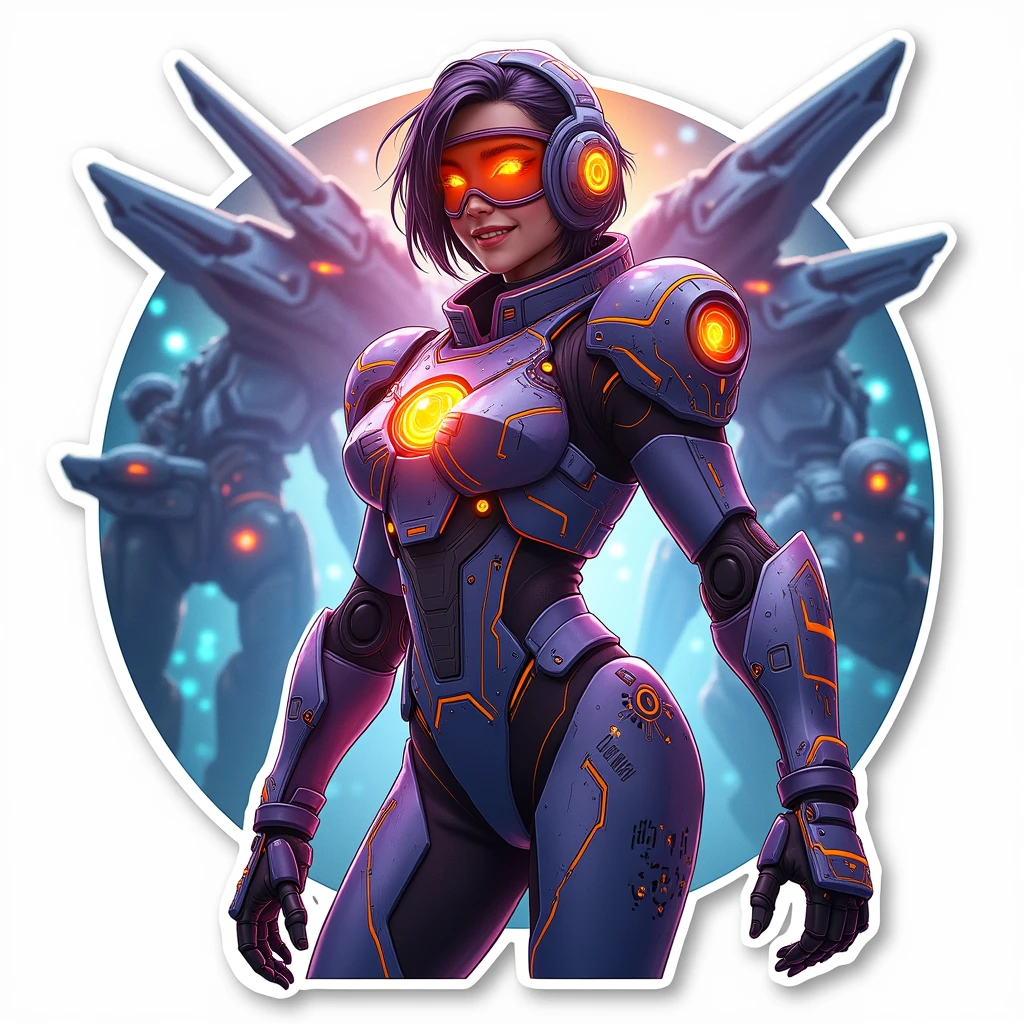 Sticker, "Believe in the me that believes in you!" - Showcasing a mecha pilot character making a heroic pose amidst futuristic technology, on a white background.