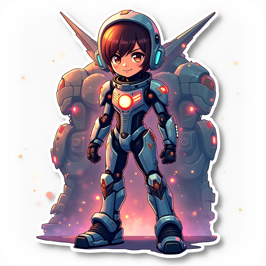  Sticker, "Believe in the me that believes in you!" - Showcasing a mecha pilot character making a heroic pose amidst futuristic technology, on a white background.