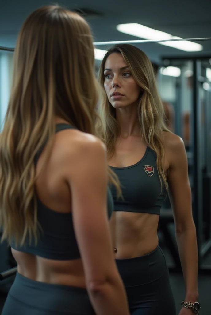 dutch woman, look in the mirror, long hair, Gym clothes, in gym, Scenario