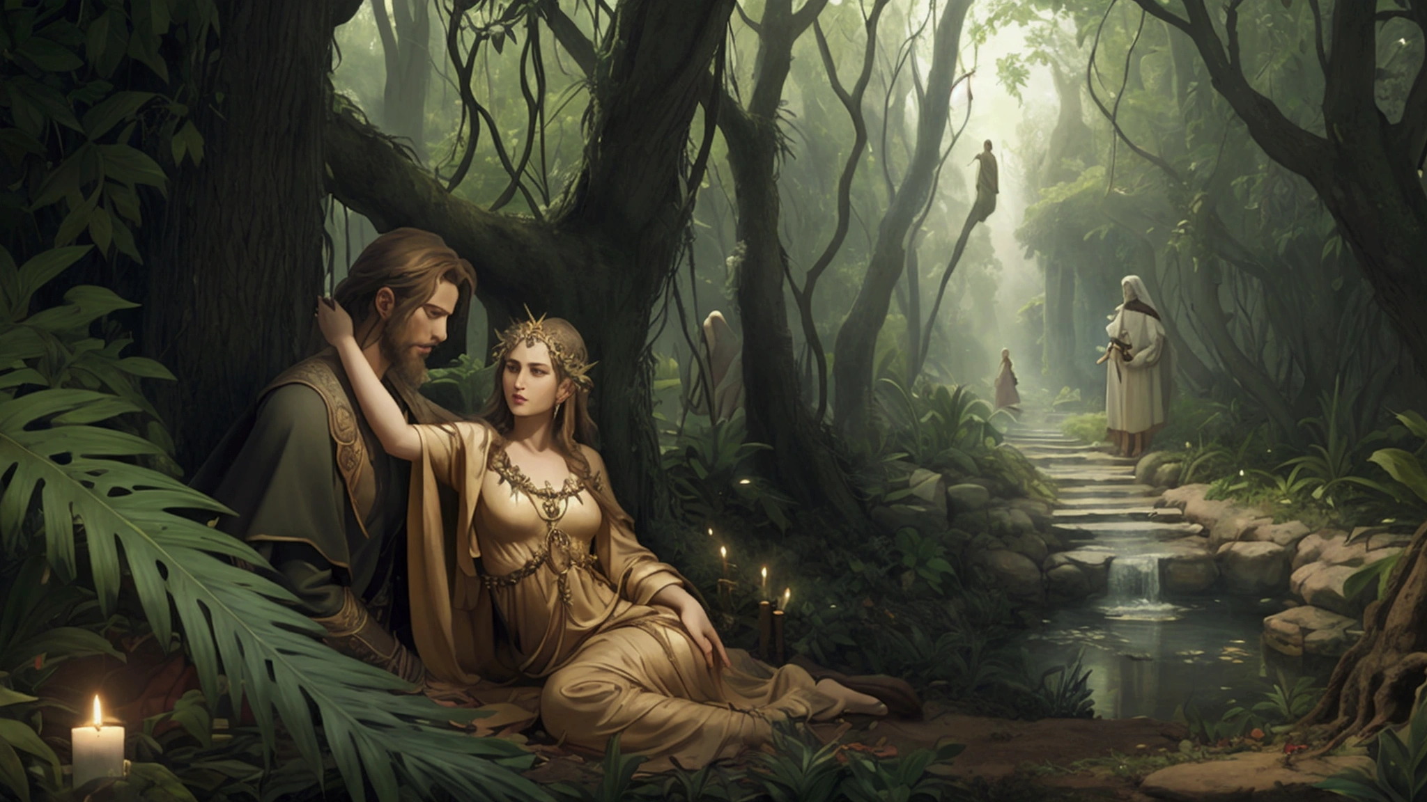 "Description: Illustrate the evolution of the concept of ""original sin"" from the story of Adam and Eve in Genesis to its theological development in Christian thought. The visual should show the journey of interpretation and its impact on religious doctrine.
Details: The left side of the image depicts the biblical Garden of Eden with Adam and Eve beside the Tree of Knowledge, their expressions reflecting curiosity and innocence. The central area shows a timeline with key figures in Christian theology, like Augustine of Hippo, in scholarly settings, interpreting the Genesis story. The right side of the image presents a more abstract depiction of Christian doctrine, such as churches or theological discussions, with symbolic representations of original sin's influence on Christian thought. Use a gradient background transitioning from the lush Edenic scene to a more somber and contemplative setting, illustrating the evolution of interpretation over time."