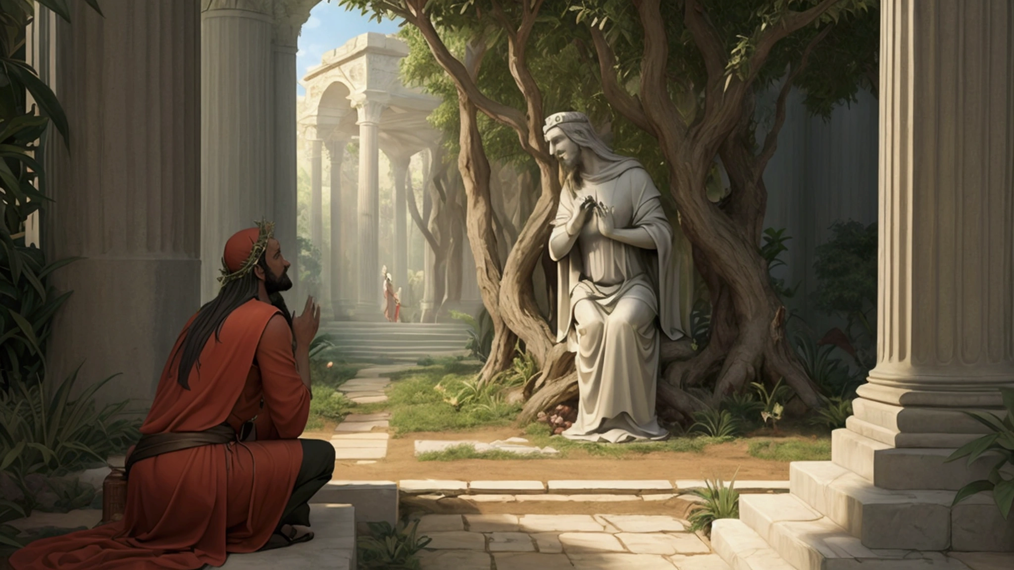 "Description: Illustrate the evolution of the concept of ""original sin"" from the story of Adam and Eve in Genesis to its theological development in Christian thought. The visual should show the journey of interpretation and its impact on religious doctrine.
Details: The left side of the image depicts the biblical Garden of Eden with Adam and Eve beside the Tree of Knowledge, their expressions reflecting curiosity and innocence. The central area shows a timeline with key figures in Christian theology, like Augustine of Hippo, in scholarly settings, interpreting the Genesis story. The right side of the image presents a more abstract depiction of Christian doctrine, such as churches or theological discussions, with symbolic representations of original sin's influence on Christian thought. Use a gradient background transitioning from the lush Edenic scene to a more somber and contemplative setting, illustrating the evolution of interpretation over time."