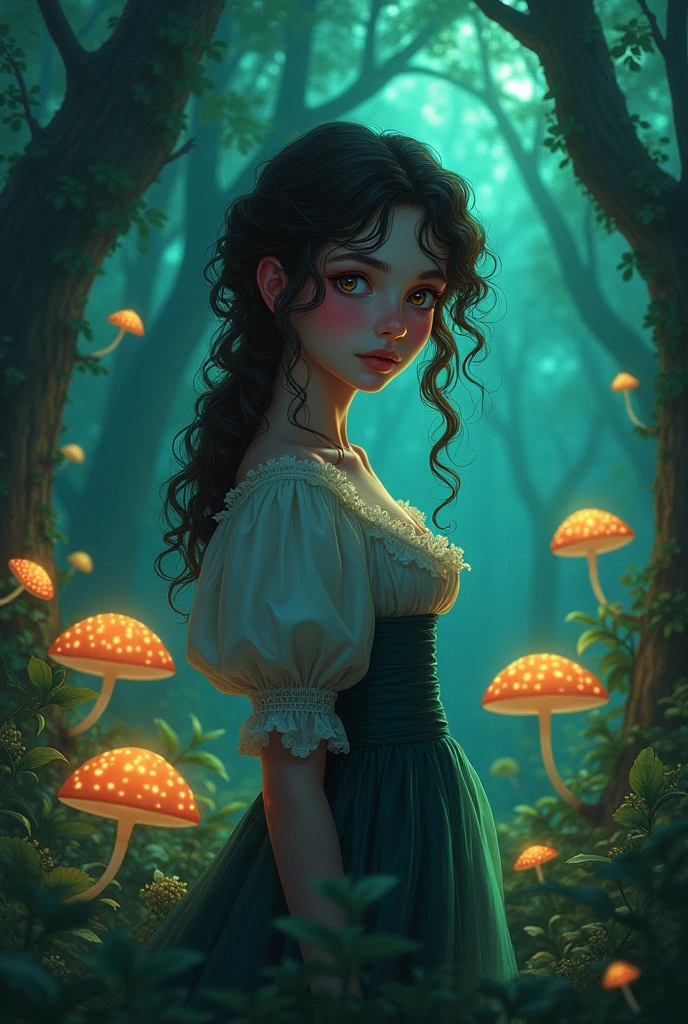 women, young,, hair, curly, negro, forest, DarkFantasy, fungus, tender, anime, Brown eyes, pink cheeks,  Victorian age,  anime,