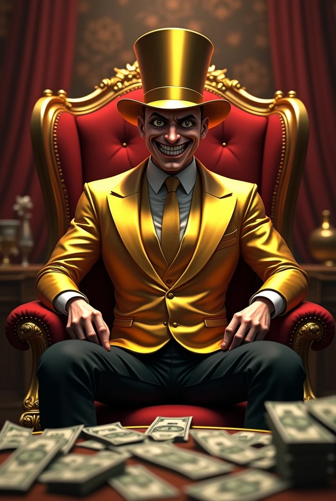 A bald 3D anime man with a psychopathic smile wearing a gold top hat ,gold suit and black pants Sitting on a chair with a table full of black eyed money