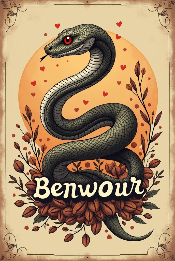 A logo for a rustic coffee shop, the name is benvour and its principle is love and tradition, your drawing is a snake in a vintage style drawing
