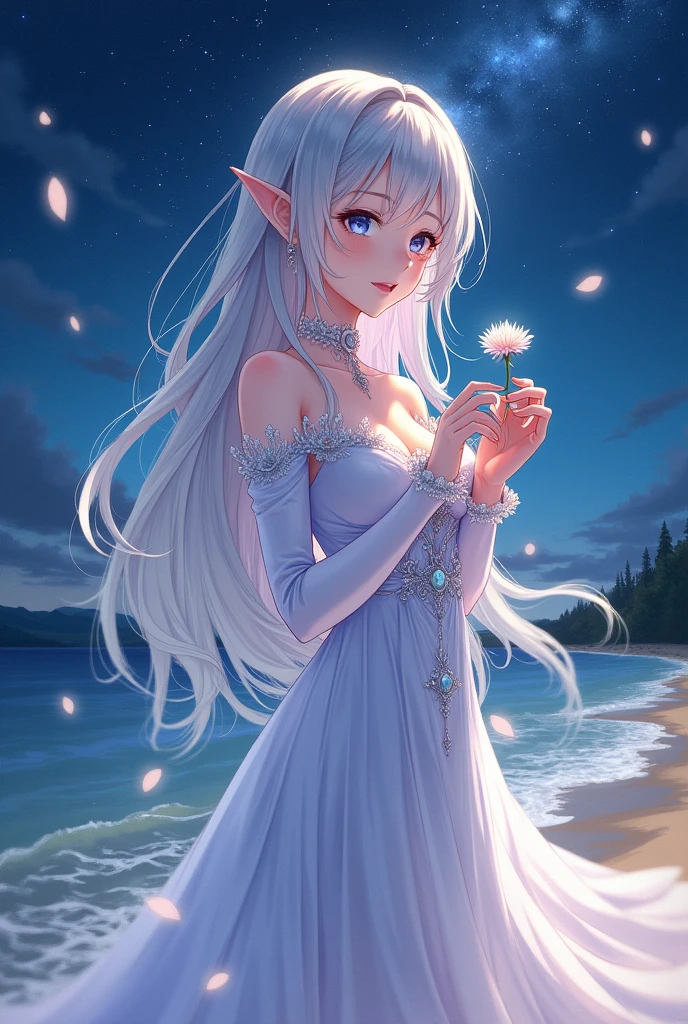 (masterpiece,Highest quality,,8k,High resolution),One female,(Beautiful Face,Beautiful Face)Beautiful eyes,Beautiful lips,,Silver blonde hair,,(Anime Girl)、flower,Sandy beach with a view of the forest,A bright night with stars visible,Mysterious light particles emitting from the body、Very mysterious light、jewelry,Holding,Long sleeve,necklace,Long Hair,dress,(whole body),Highly detailed anime art,A complete portrayal、