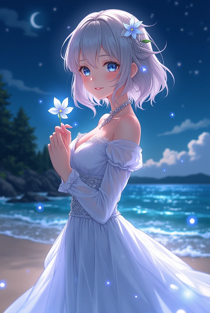 (masterpiece,Highest quality,,8k,High resolution),One female,(Beautiful Face,Beautiful Face)Beautiful eyes,Beautiful lips,,Silver blonde hair,,(Anime Girl)、flower,Sandy beach with a view of the forest,A bright night with stars visible,Mysterious light particles emitting from the body、Very mysterious light、jewelry,Holding,Long sleeve,necklace,Long Hair,dress,(whole body),Highly detailed anime art,A complete portrayal、