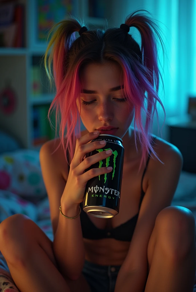 NSFW,Horny troubled  egirl with colorful hair streak drinking a can of monster energy drink And Masturbating fingering her pussy in a messy room at night