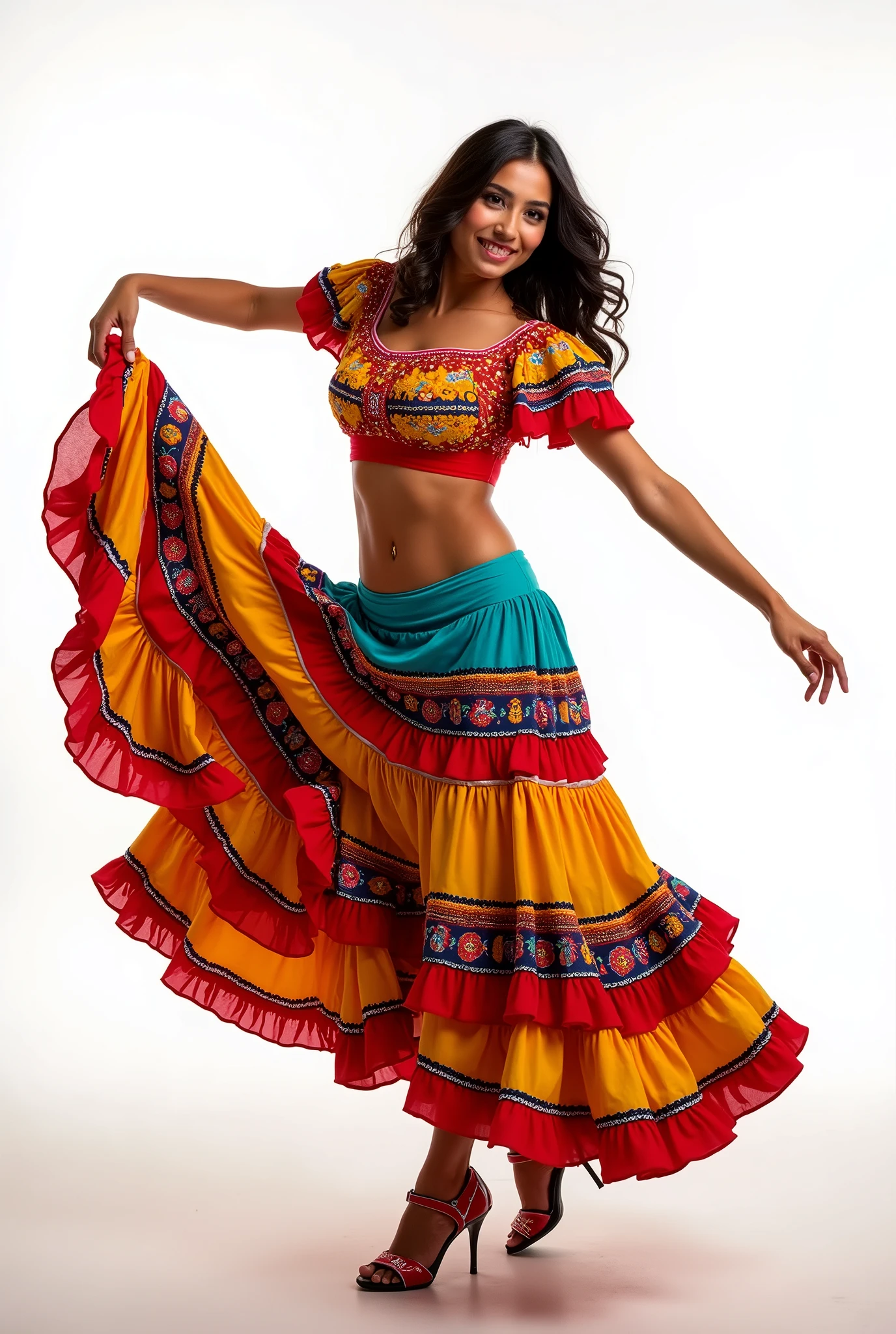 (8k, CRU photo, highest quality) (((full body shot:1.3))), (((black eyes:1.5))), Mexican woman cosplaying as a Mexican regional dancer, with her entire body fully visible within the frame. She should have medium-length hair styled in soft curls. Dress her in a vibrant outfit with bold red, sunny yellow, and rich turquoise, featuring a playful design with a fitted top and a skirt with colorful patterns. Her expression should be relaxed and happy, highlighting the detailed elements of her cosplay. The background should be completely white, with no scenery or landscape, only a plain white background. (((dynamic pose:1.3))), ((movement pose:1.2))), soft lighting, cinematic lighting, realistic skin, ((pores)), ((high detail skin)), light volumetric, hyper-realistic, vivid details, clear as crystal, 8K UHD, ultra photo realism, best quality, work of art, extremely detailed CG, unity, wallpapers (realistic, photorealistic: 1.37), shining, fine-details, correct body structure, (((Depth of field:1.5))), (((atmospheric perspective:1.4)))