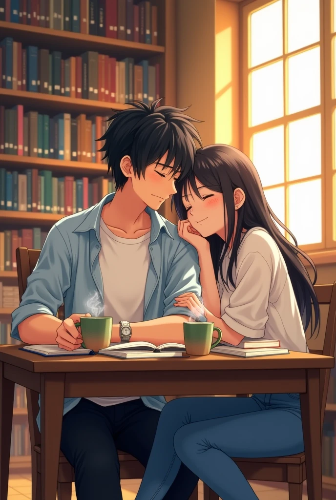 Anime scene: couple is in a library for studying, they are sitting on a table facing each other, there are book selfs beside them, the boy is wearing white t sshirt and light blue shirt with black pant also has a watch, the girl is wearing a white top and blue jeans, the girl is fall asleep and the boy is adorably looking at her , there are books and 2 coffe mugs on their table, focus the couple make it more beautiful make it anime scene