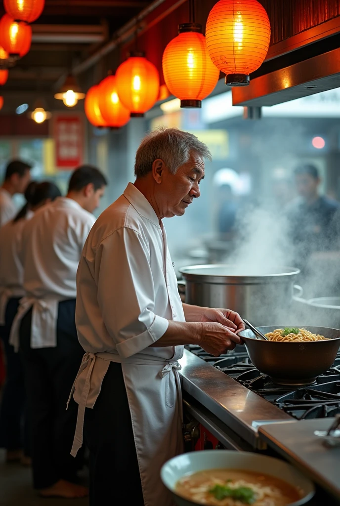 Working at a Japanese ramen restaurant overseas２４Older man with thinning hair。I work in the kitchen and drain the noodles every day.。