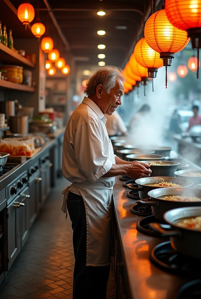 Working at a Japanese ramen restaurant overseas24Older man with thinning hair。I work in the kitchen and drain the noodles every day.。
