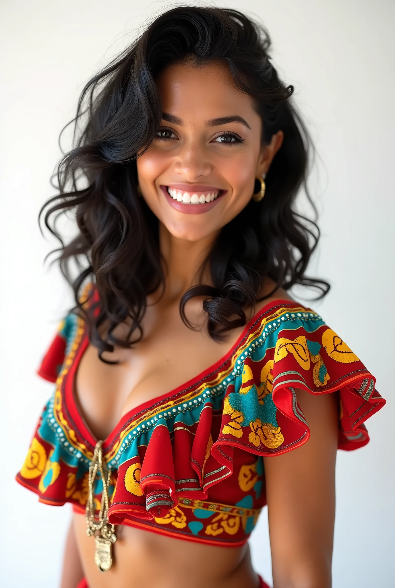 (8k, CRU photo, highest quality) (((full body shot:1.3))), (((black eyes:1.5))), Mexican woman cosplaying as a Mexican regional dancer, with her entire body fully visible within the frame, ensuring no parts are cut off. She should have medium-length hair styled in soft curls. Dress her in a vibrant outfit with bold red, sunny yellow, and rich turquoise, featuring a playful design with a fitted top and a skirt with colorful patterns. Her expression should be relaxed and happy, highlighting the detailed elements of her cosplay. The background must be completely white, like a studio backdrop or transparent, with no details or distractions in the background, just a plain white surface. (((dynamic pose:1.3))), ((movement pose:1.2))), soft lighting, cinematic lighting, realistic skin, ((pores)), ((high detail skin)), light volumetric, hyper-realistic, vivid details, clear as crystal, 8K UHD, ultra photo realism, best quality, work of art, extremely detailed CG, unity, wallpapers (realistic, photorealistic: 1.37), shining, fine-details, correct body structure, (((Depth of field:1.5))), (((atmospheric perspective:1.4))).