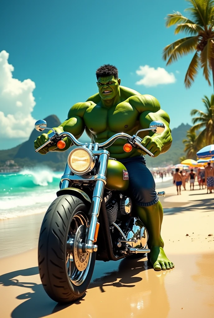 (photorealism:1.2),hulk riding a motorcycle in Rio de Janeiro copacabana