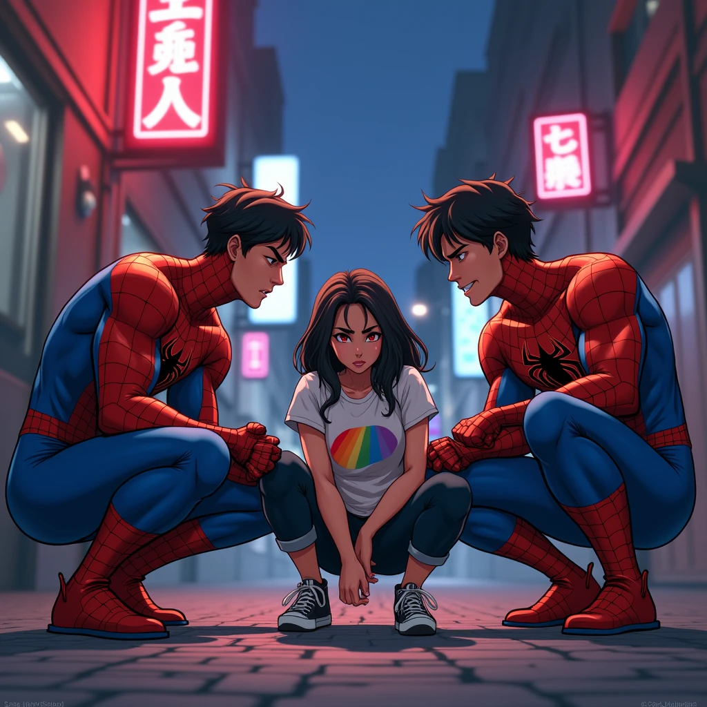 anime art: marvel art style, three masculine bullies 20-year-old males with a big bulge, wearing spider superhero outfit , They're squatting down around a scared woman wearing lgbt shirt