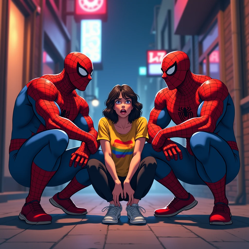 anime art: marvel art style, three masculine bullies 20-year-old males with a big bulge, wearing spider superhero outfit , They're squatting down around a scared woman wearing lgbt shirt